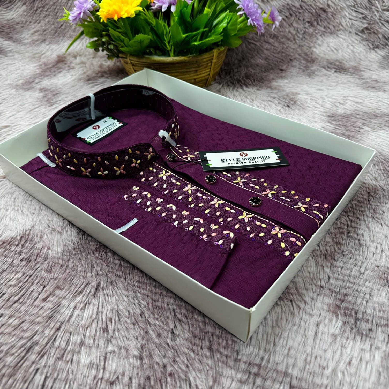 Plum jacquard festive panjabi