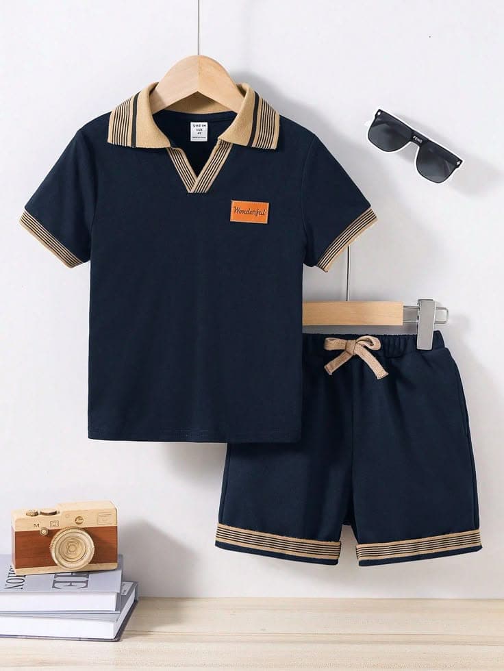 Kids cotton striped collar polo & shorts set