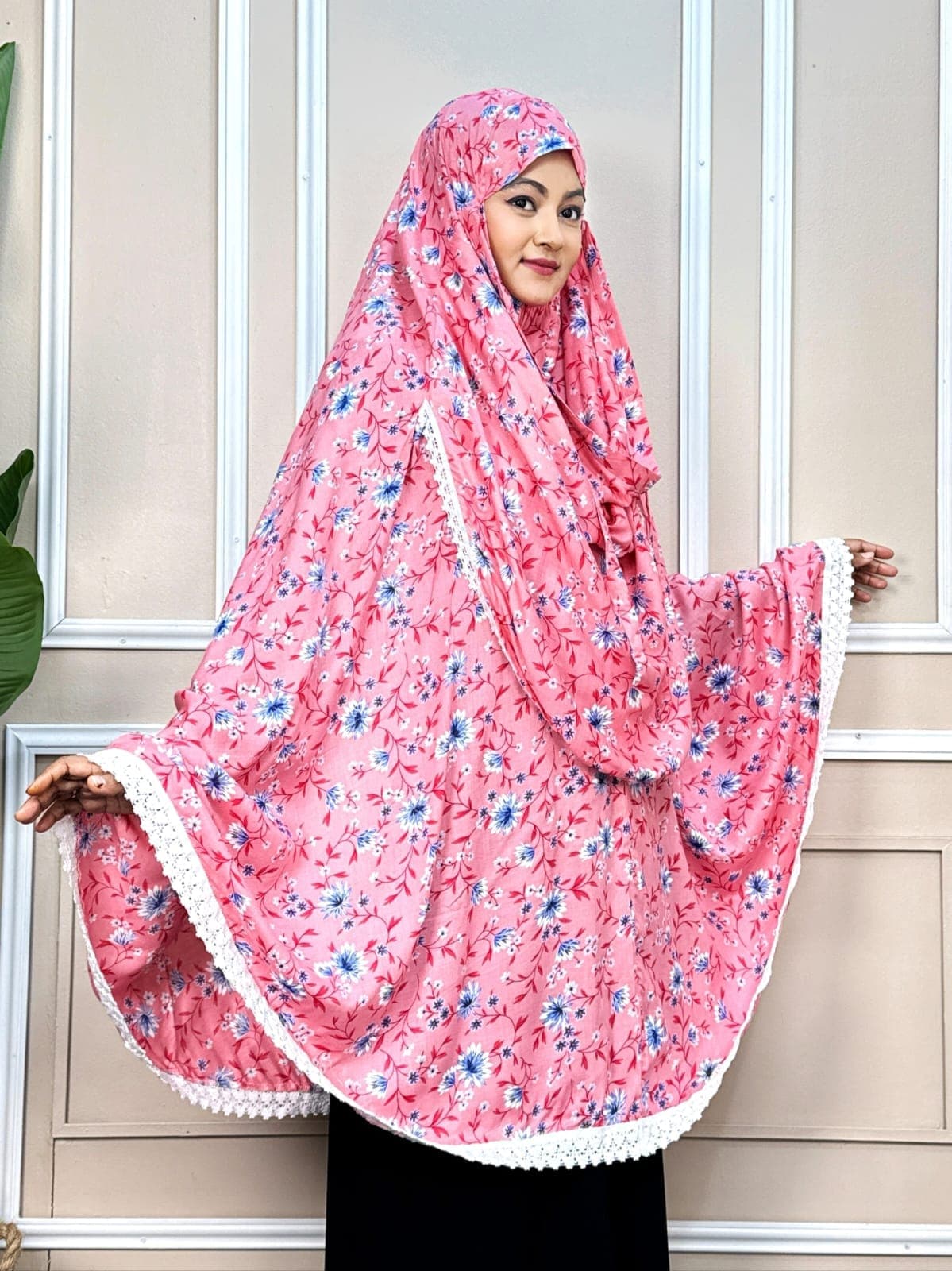 Peach floral lace prayer khimar